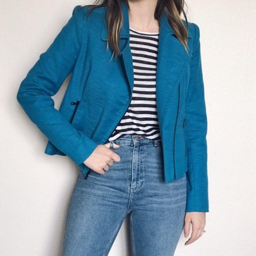 L'agence moto jacket blazer linen cotton blend size 4 zip up asymmetric zipper